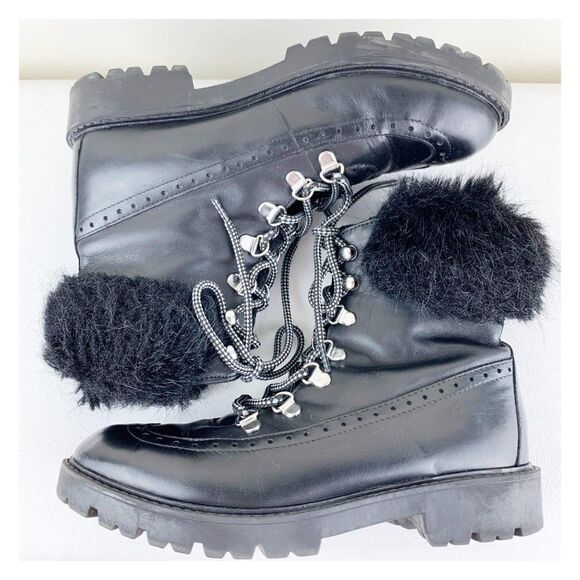 Charles David Ramses Combat Style Black Leather Fur Trim Lug Sole Warm Bootie - Picture 9 of 9